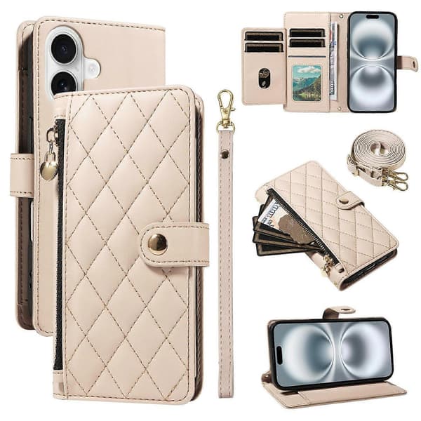 Plånboksfodral för iPhone 16 (med axelrem), Diamantläderfodral med stativ (Beige, Beige)