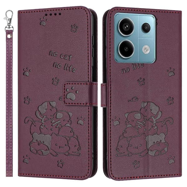 Mobilskal med rem för Xiaomi Redmi Note 13 Pro 5G/Poco X6 5G, kattmönster läderplånbok (Vinröd)