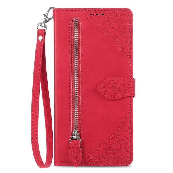 Præget læder telefoncover med lynlås til Redmi Note 12 Pro 4G Global (rød)
