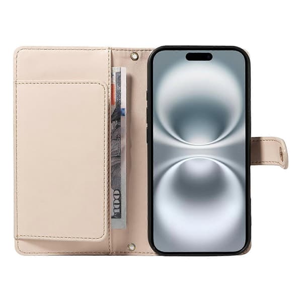 Plånboksfodral för iPhone 16 (med axelrem), Diamantläderfodral med stativ (Beige, Beige)