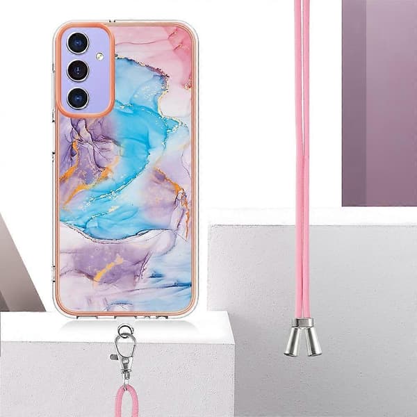 Mobilskal för Samsung Galaxy A15 5G med snodd IMD Marmor Elektroplätering TPU Baksida (Blå, Galaxy Marmor Blå)