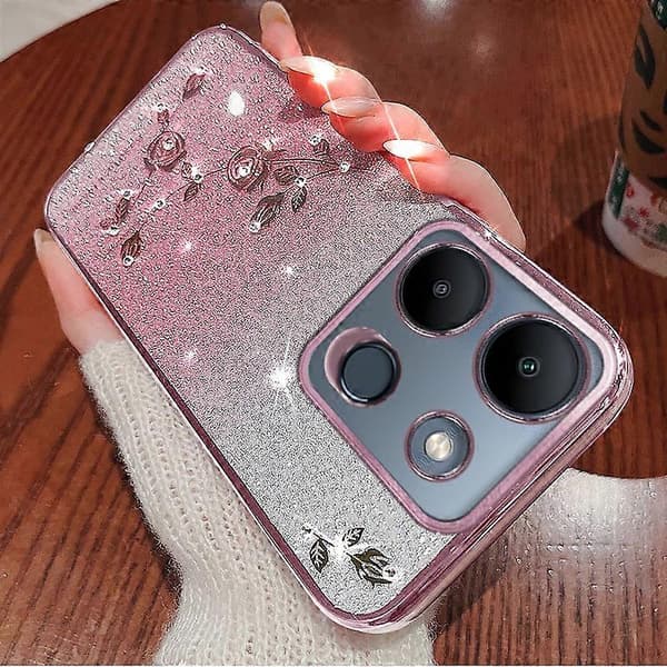 KADEM för Infinix Smart 7 4G Gradient Flash TPU Telefonfodral Rhinestone Blomma Anti-fall Telefonfodral (Roséguld)
