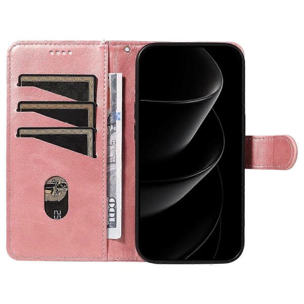 Plånboksfodral för iPhone 17 Pro Max T-Line Läder Telefonskydd Fodralhållare (Rosa Guld, Roséguld)