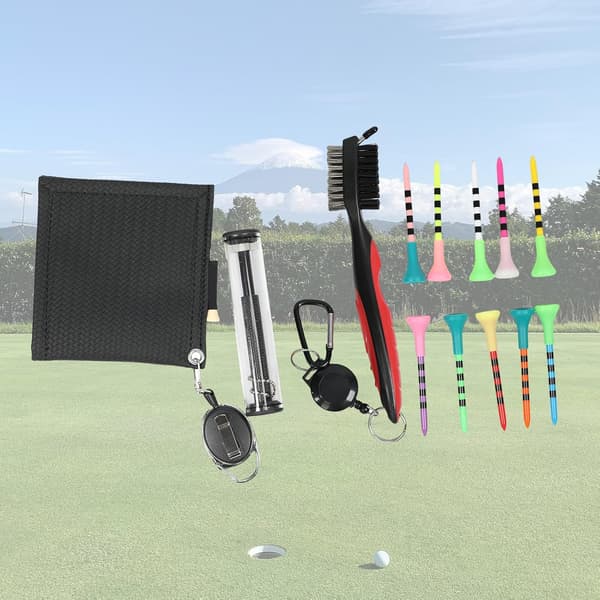 Golfmailapyyhe + puhdistusharja + kuusikulmainen urapuhdistin + raidallinen pallokynsien puhdistussarja (musta)