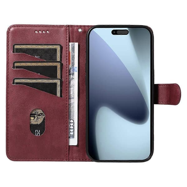 Plånboksfodral T-Line Läder Telefonskyddsfodral för iPhone 17 Pro (Vinröd, Vinröd)