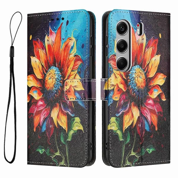 TECNO Camon 40 Pro 4G Plånboksfodral Tryckt PU Läder Telefonfodral med Snodd (Solros)