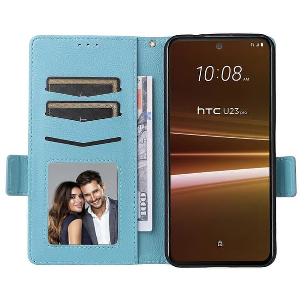 Litchi tegnebog stativ PU læder telefoncover til HTC U23/U23 Pro 5G - Lyseblå (Lyseblå)