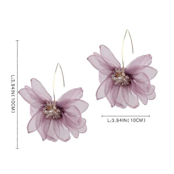 Store Kvinde Store Petal Drop Øreringe Store Blomster Dingle Øreringe med Chiffon Blomsterkvast til Ferie Bryllup (Elfenben)
