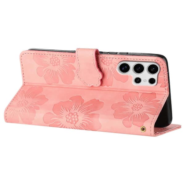 Blommig Läderplånboksfodral med handledsrem för Samsung Galaxy S25 Ultra - Rosa (Rosa)