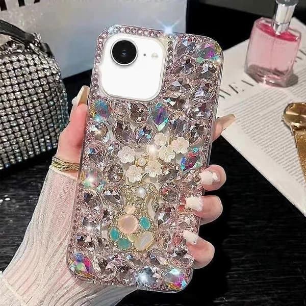 Plommeblomst Håndlaget Diamantinnlegg PC-telefondeksel for iPhone 16e (Rosa)