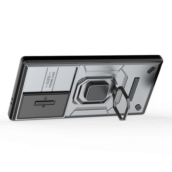 För Samsung Galaxy S24 Ultra Mobilskal Anti-fall PC+TPU Ställ Skyddsfodral med Skjutbart Linsskydd - Grå (Grå)