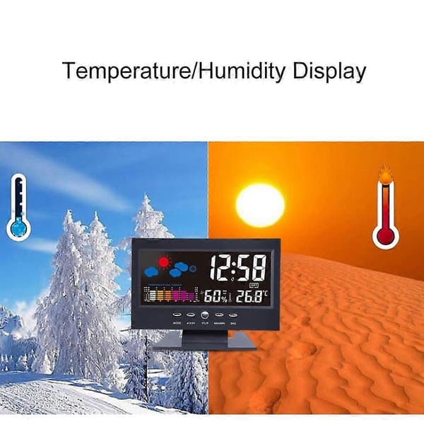 Multifunktionell väckarklocka med bakgrundsbelyst LCD-skärm, digital klocka med tid/datum/vecka/temperatur/luftfuktighet