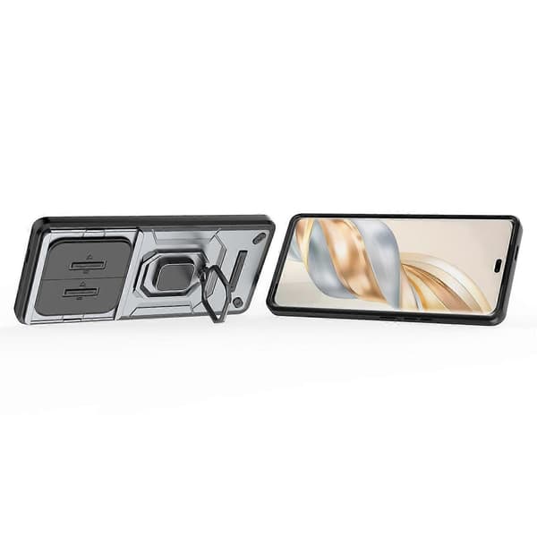 Honor X60 Pro 5G -puhelimen suojakotelo PC + TPU -jalustalla ja linssinsuojuksella - harmaa (harmaa)