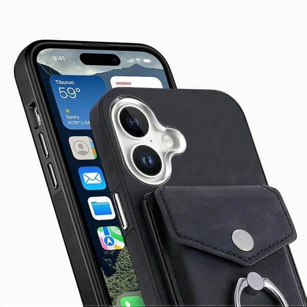 För iPhone 16 Plus Mobilskal Ringstativ Läderbelagd TPU Baksida med Korthållare - Svart (Svart)