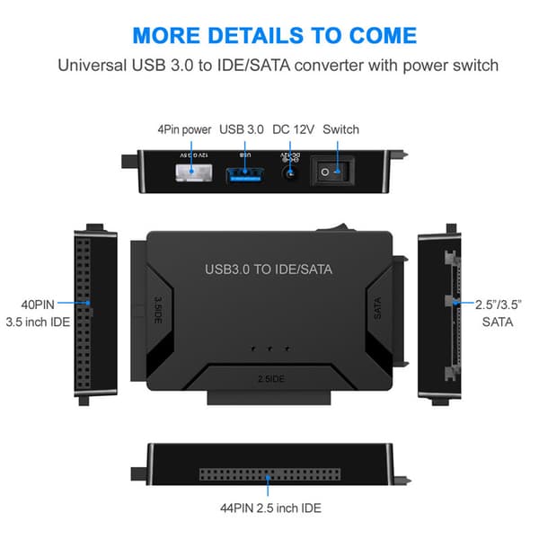 USB 3.0 till IDE/SATA-adapter, Universell 2.5\"/3.5\" HDD/SSD-omvandlare, 12V/2A strömadapter