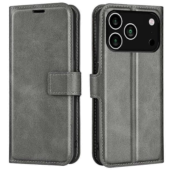 För iPhone 17 Pro Max Fodral med Ställ, Reptåligt Kalvskinns Mobilskal (Grå, Grå)