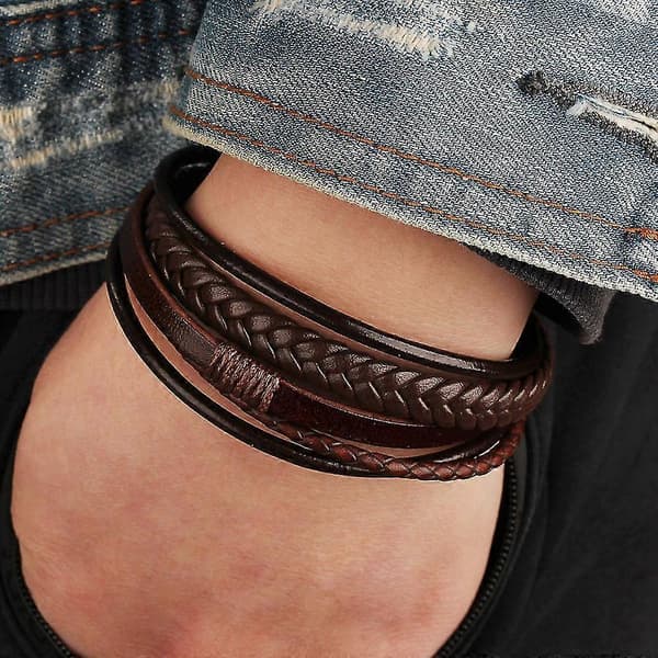 Läderarmband för män Spänne Kohud Flerlagers Flätat Läderarmband för män