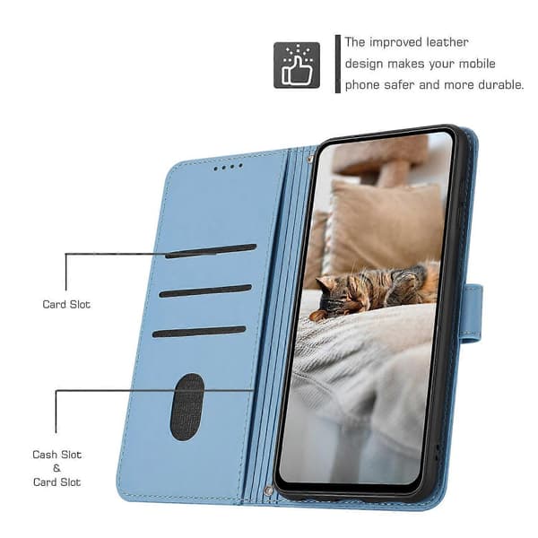 Telefoncover til iPhone 15 Plus/14 Plus med rem, katteprint læderpung - Blå (Blå)