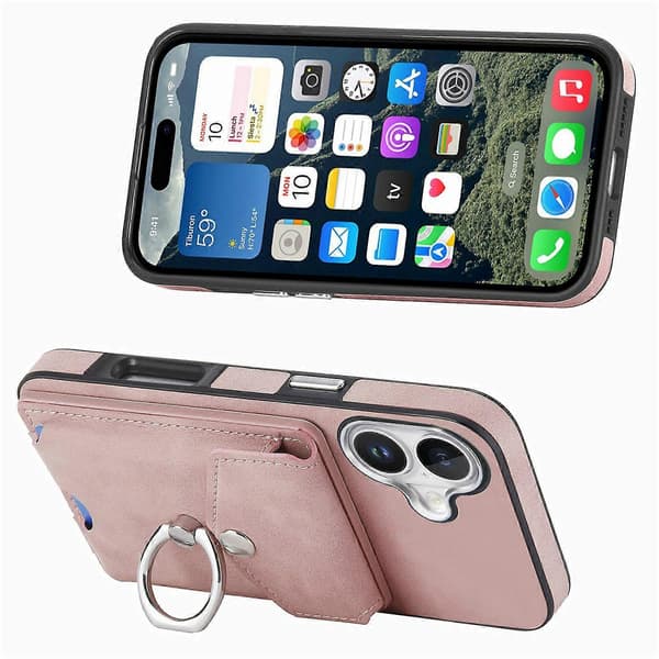 Til iPhone 16 Plus Telefon Cover Ring Stand Læderbelagt TPU Bagside Cover med Kortholder - Pink (Pink)
