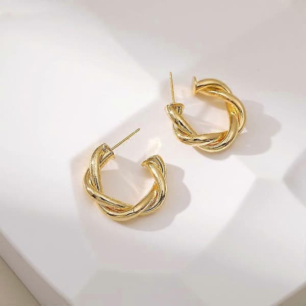 14K Guldpläterade 925 Sterling Silver Stift Vridna Creoler | Små Öppna Creoler | Flätade Creoler för Kvinnor