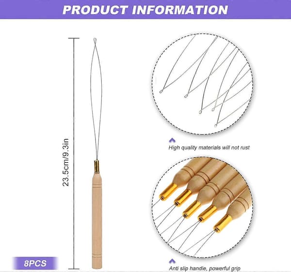 Hårförlängning Loop Needle Threader Tool, Trä Hårförlängning Dragkrok Verktyg för Micro Rings Nano pärlor Styling Tillbehör 8 st, 233mm