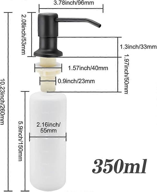 Køkkenvask Sæbedispenser, 350ML Køkken Rustfrit Stål Indbygget Vaskemiddeldispenser, Genopfyldelig Sæbedispenser med 360 Roterende Pumpe (Mat Sort