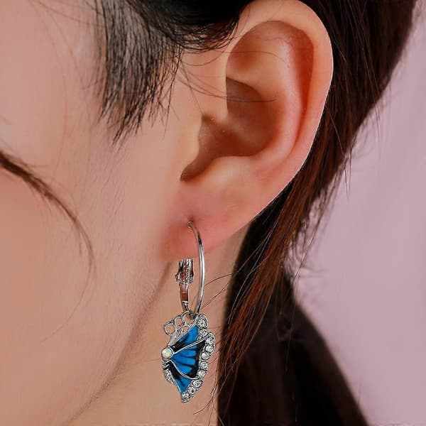 Kvinder 1 par Blå Krystal Rhinestone Emalje Sommerfugl Dingle Hoop Øreringe Earbob