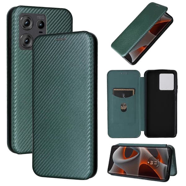 Flipfodral i läder med kolfibertextur (Grön, för Motorola Edge 50 Pro)