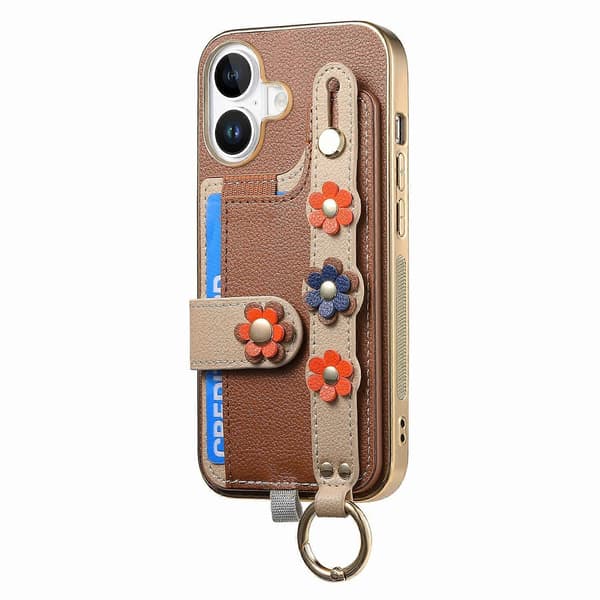 För iPhone 16 Plus Mobilskal Korthållare Läder Baksida 3D Blomma Armband - Brun (Brun)