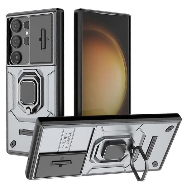 För Samsung Galaxy S24 Ultra Mobilskal Anti-fall PC+TPU Ställ Skyddsfodral med Skjutbart Linsskydd - Grå (Grå)
