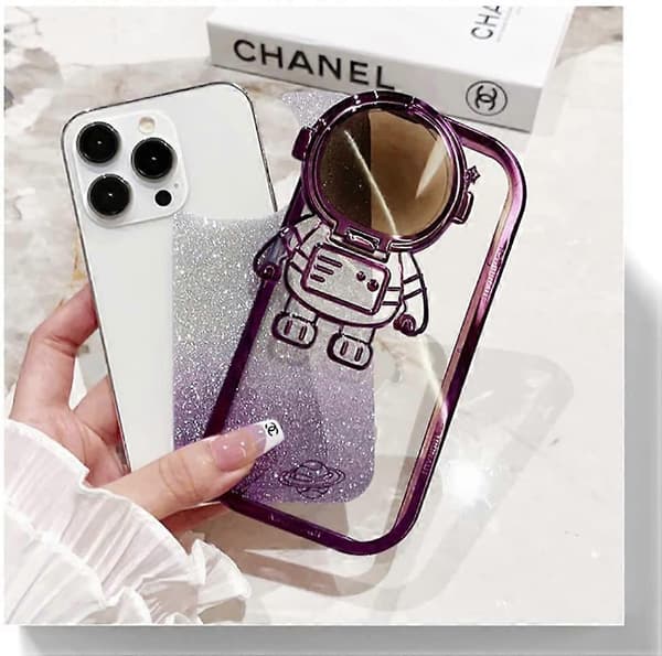 Astronaut Dold Ställ Telefonfodral för iPhone 14 Pro Max, Sött Astronaut Lins Kameraskydd Stödfodral Lyxigt Glitter Bling