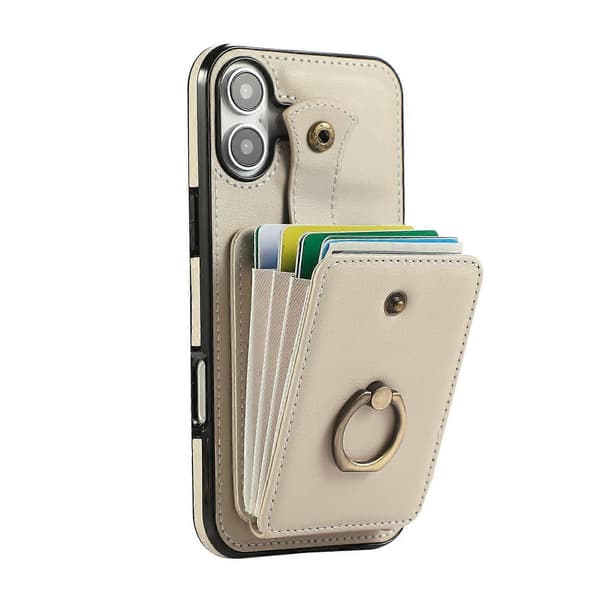 Mobilskal med korthållare, ringstativ, TPU PU-läder och lång rem för iPhone 17 (Beige, Beige)