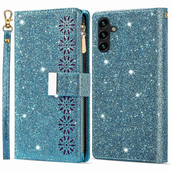 För Samsung Galaxy A15 4G/5G Telefonfodral Blixtlåsficka PU Läder Plånbok Glitter Telefonfodral - Blå (Blå)