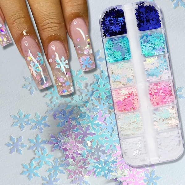 12 rom Snøfnugg Neglekunst Paljetter Jul Snøfnugg Glitter Neglepaljetter