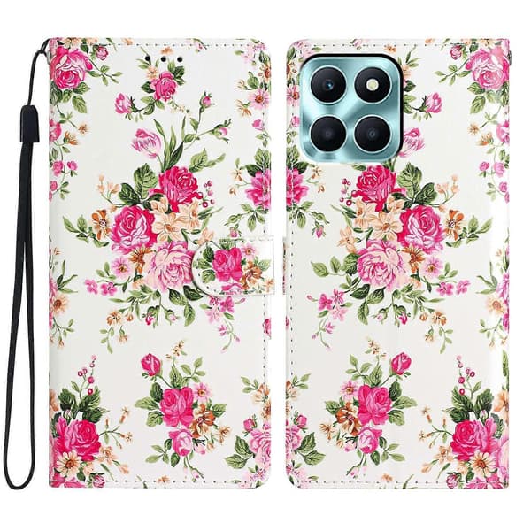 Honor X6c 4G Plånboksfodral PU Läder Tryckt Ställ Telefonfodral med Rem (Röd, Röd Blomma)