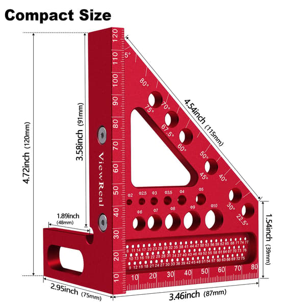 Metrisk multifunktionel tømrer vinkel lineal med vinkelstifter, aluminiumslegering 22,5-90 grader, centimeterinddeling (rød)