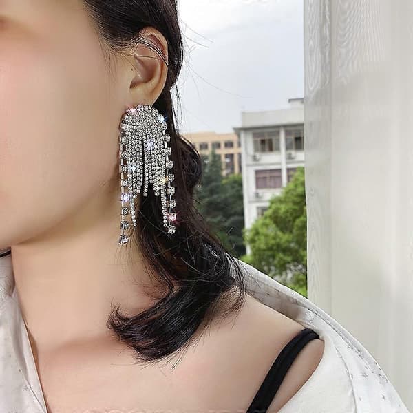 Lange Kvaster Rhinestones Øreringe Brude Lysekrone Drop Dingle Øreringe Glitrende Krystal Fringe Øreringe til Bryllup Prom