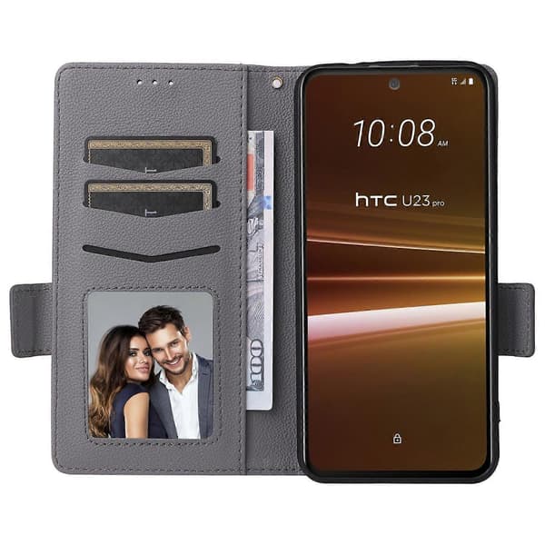 For HTC U23/U23 Pro 5G Litchi Lommebok Stativ PU Lær Telefonveske - Grå (Grå)