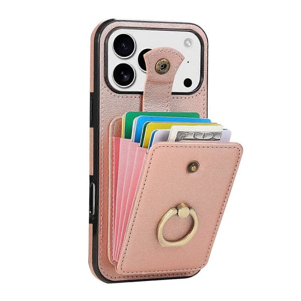 For iPhone 17 Pro Telefondeksel Kortholder Ringstativ TPU PU Lær Telefon Beskyttelsesdeksel med Lang Stropp (Rosa Gull, Rose Gull)