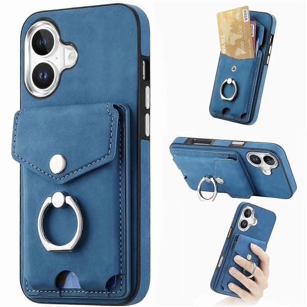 Til iPhone 16 Plus Telefon Cover Ring Stand Læderbelagt TPU Bagside Cover med Kortholder - Blå (Blå)