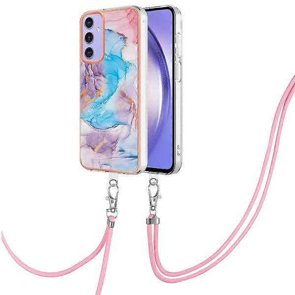 For Samsung Galaxy A15 5G Mobiltelefondeksel med snor IMD Marmor Elektroplettering TPU Bakdeksel (Blå, Galaxy Marmor Blå)