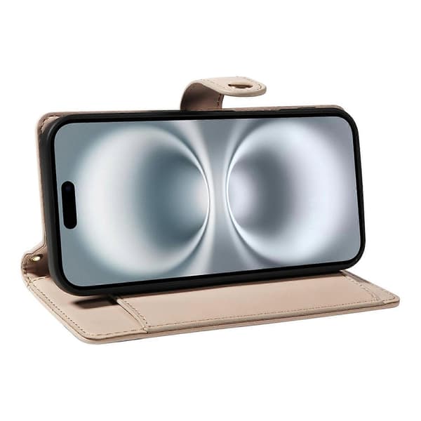 For iPhone 16 Lommeboketui (med skulderstropp), Diamant Lær Stativ Etui (Beige, Beige)