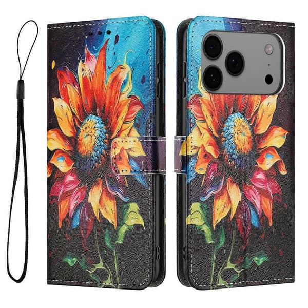 Plånboksfodral för iPhone 17 Pro Max, tryckt PU-läder, skyddande telefonfodral med snodd