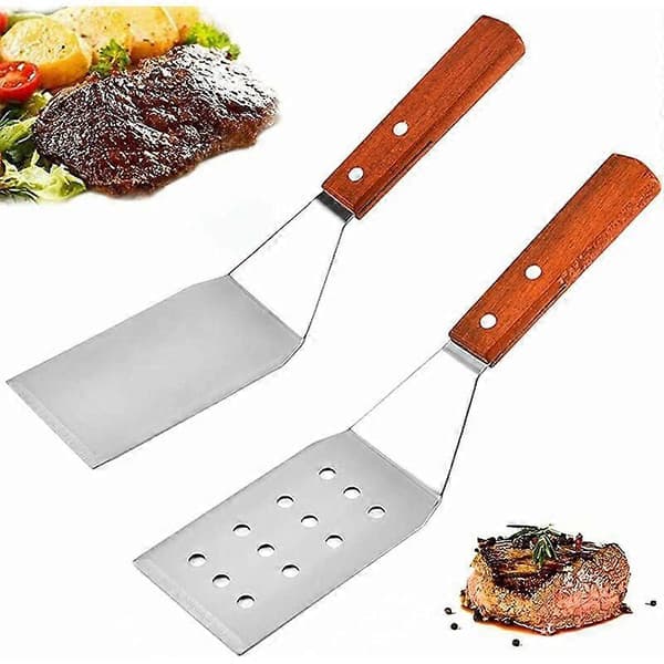 Spatelsett i rustfritt stål, grillspatel, grillspatelsett i rustfritt stål med trehåndtak for Teppanyaki, grill, biff, pizza (Stor 2 stk)
