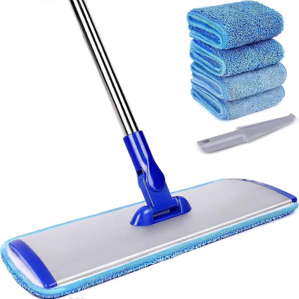 18\" Profesjonelt Mikrofiber Mopp Gulvrengjøringssystem, Flat Mopp med Håndtak i Rustfritt Stål, 4 Gjenbrukbare Vaskbare Moppeputer
