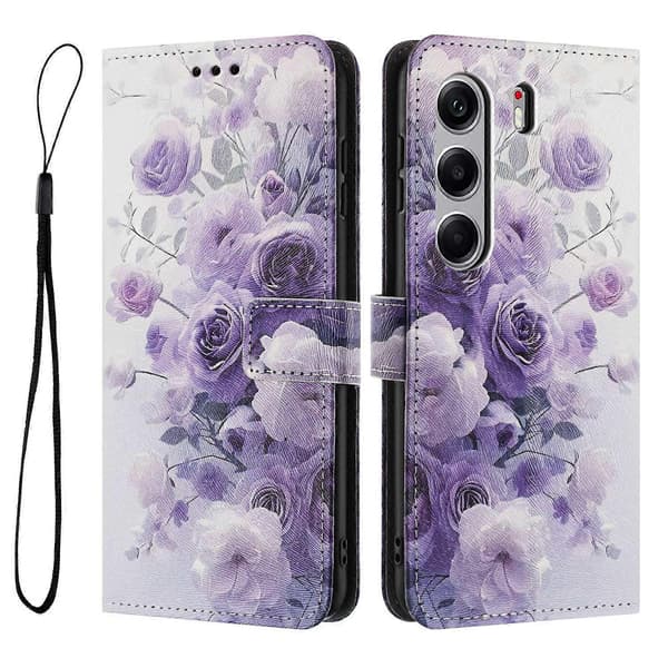 TECNO Camon 40 Pro 4G Plånboksfodral Tryckt PU Läder Fodral med Snodd (Lila Ros)