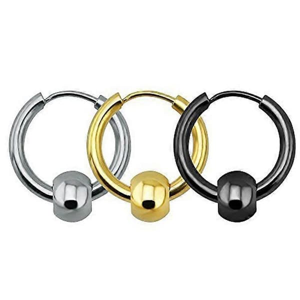 Rustfrie stål sirkelperler hengslede huggie-øredobber for menn og kvinner, 3 par, 10 mm