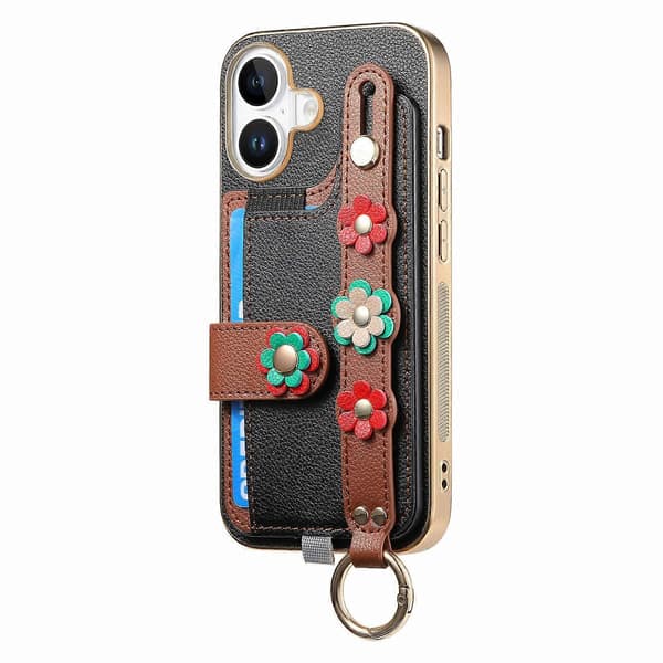 För iPhone 16 Plus Mobilskal Korthållare Läder Baksida 3D Blomma Armband - Svart (Svart)