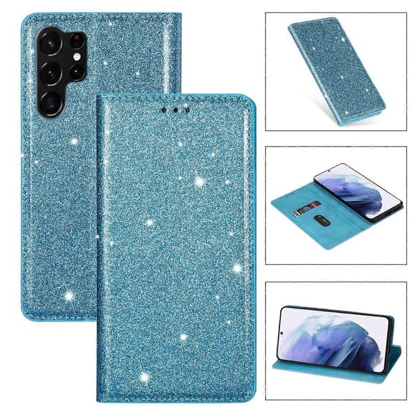 Glitter PU Läder + TPU Kortplats Telefonfodral för Samsung Galaxy S25 Ultra - Blå (Blå)