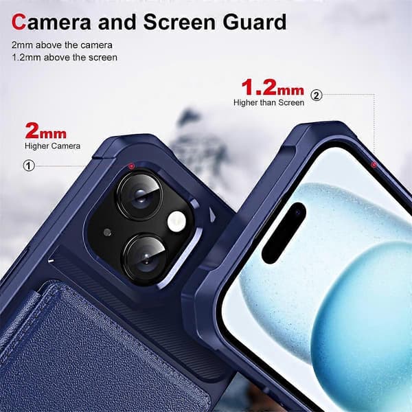 Plånboksfodral med kortfack i PU-läder + Baksida Skal med kameralinsskydd för iPhone 14 Plus (Cyan)